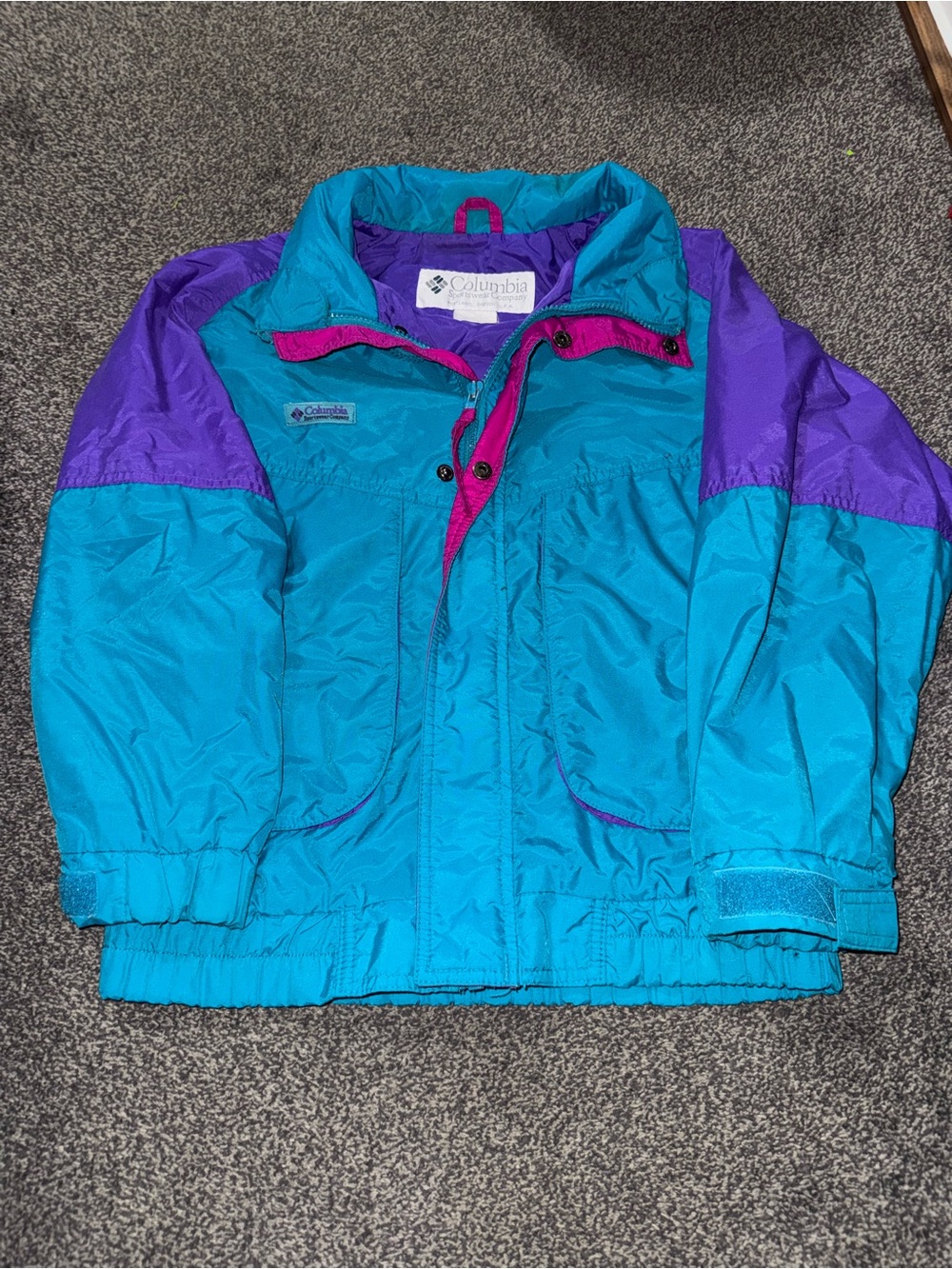 Vintage Columbia Youth Medium Teal Purple Pink Colorblock Windbreaker Jacket 90s